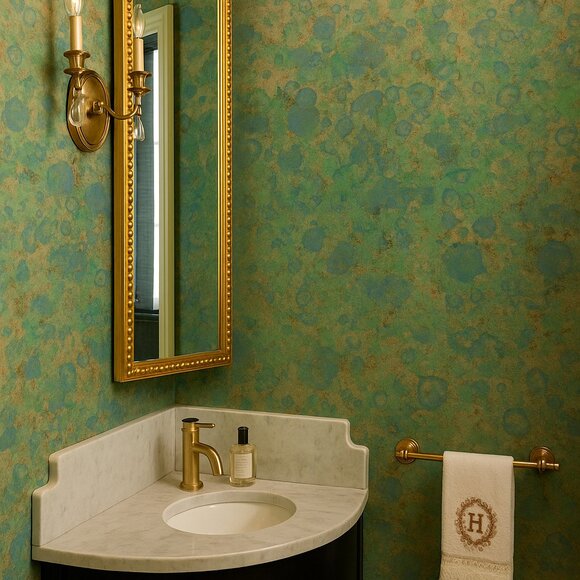 Vintage 1970s Metallic with Blue Green Motif Wallpaper - Picture 6 of 12